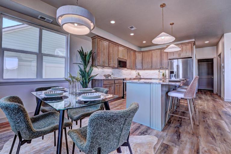 2 Story Lilac European Farmhouse Dining Room and Kitchen